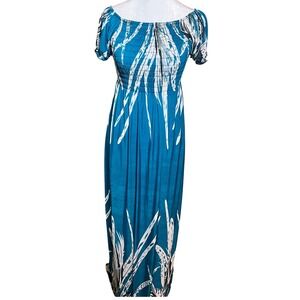 NWOT Teal Blue Maxi Dress Off Shoulder Short Sleeve Smocked Bohemian Size Medium